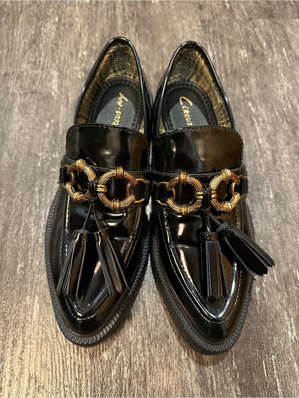Circus by Sam Edelman Black Patent Loafers with Gold Chain and Black Tassels